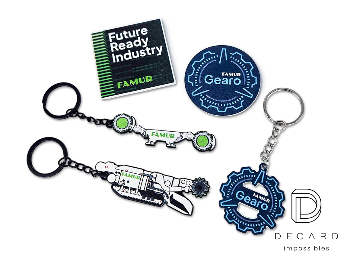 Set of keychains and magnets for Famur, made by Polish manufacturer DECARD