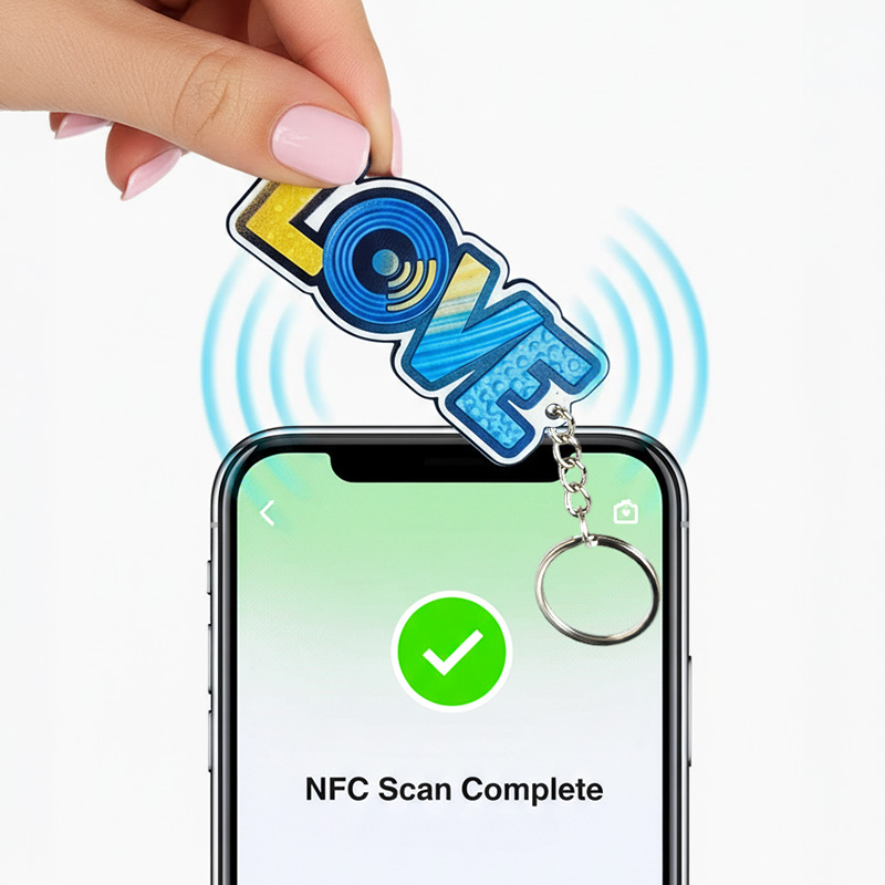NFC keychain in the shape of the word LOVE placed close to a phone, made by Polish manufacturer DECARD