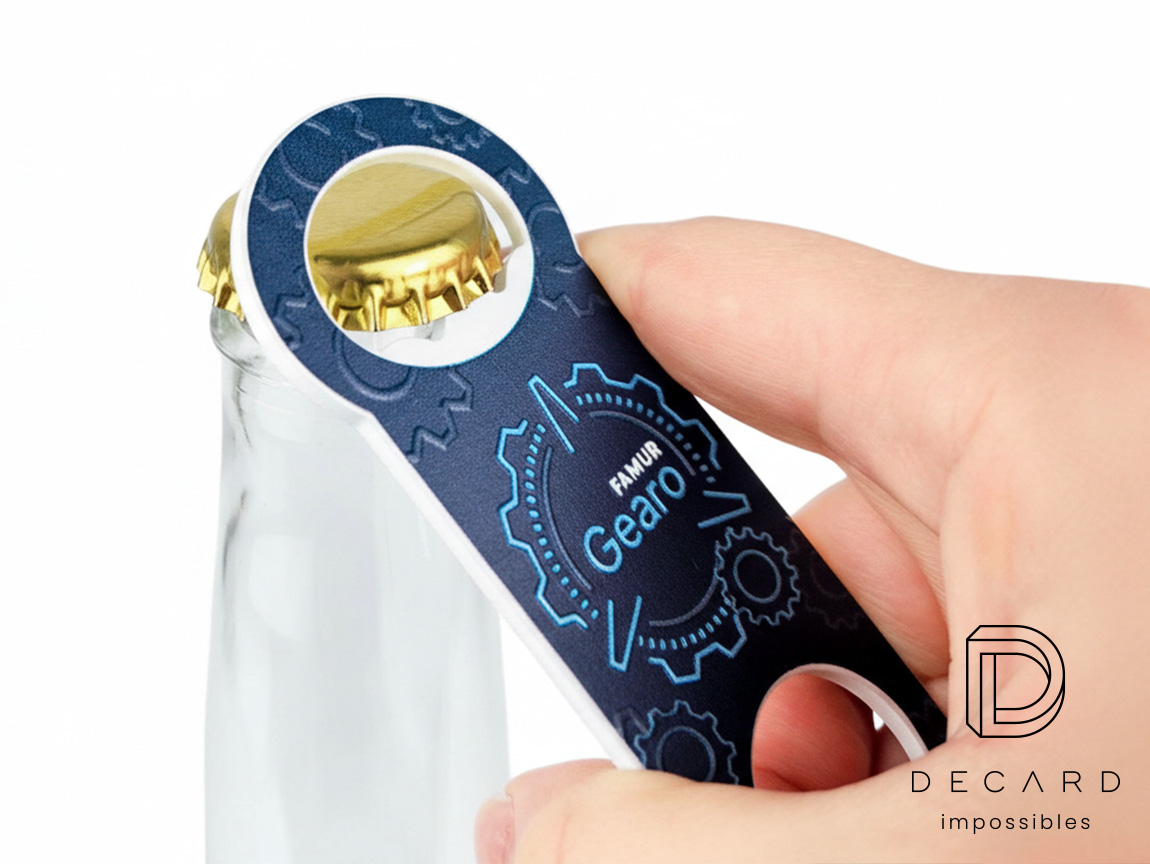 Metal bartender bottle opener for opening bottles, close-up of raised details, made by Polish manufacturer DECARD
