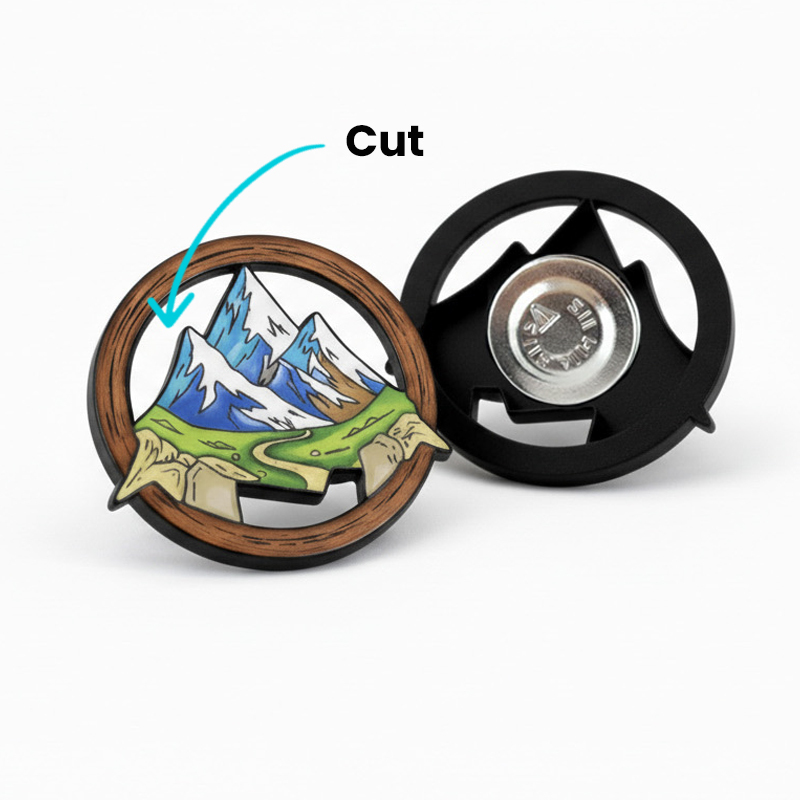 Mountain-shaped pin with cutouts, magnetic fastening, made of hard resin, made by the Polish manufacturer DECARD