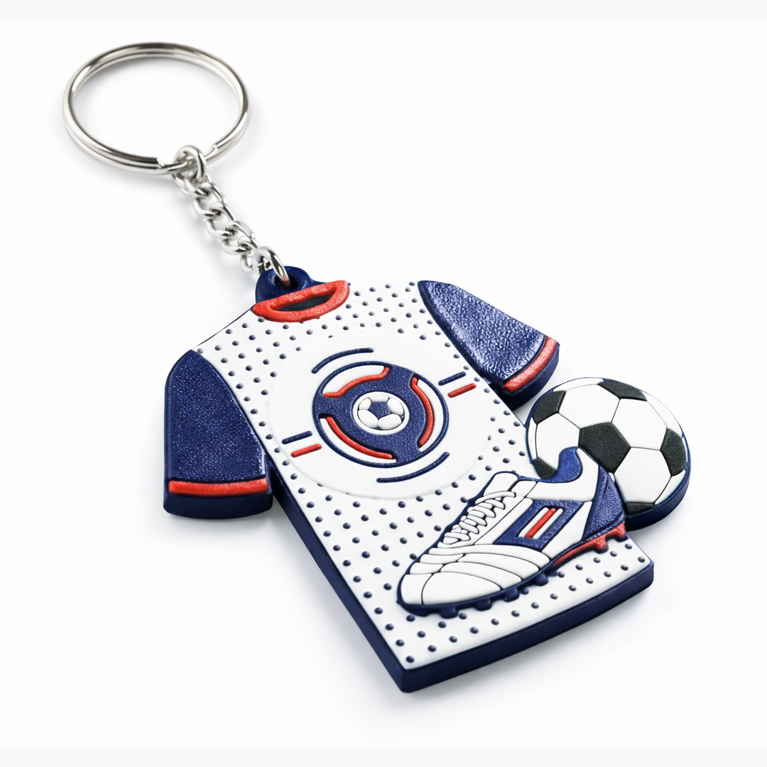 Sports keychain shaped like a club jersey with a shoe and soccer ball, close-up of raised 3D texture, NFC keychain manufactured by Decard