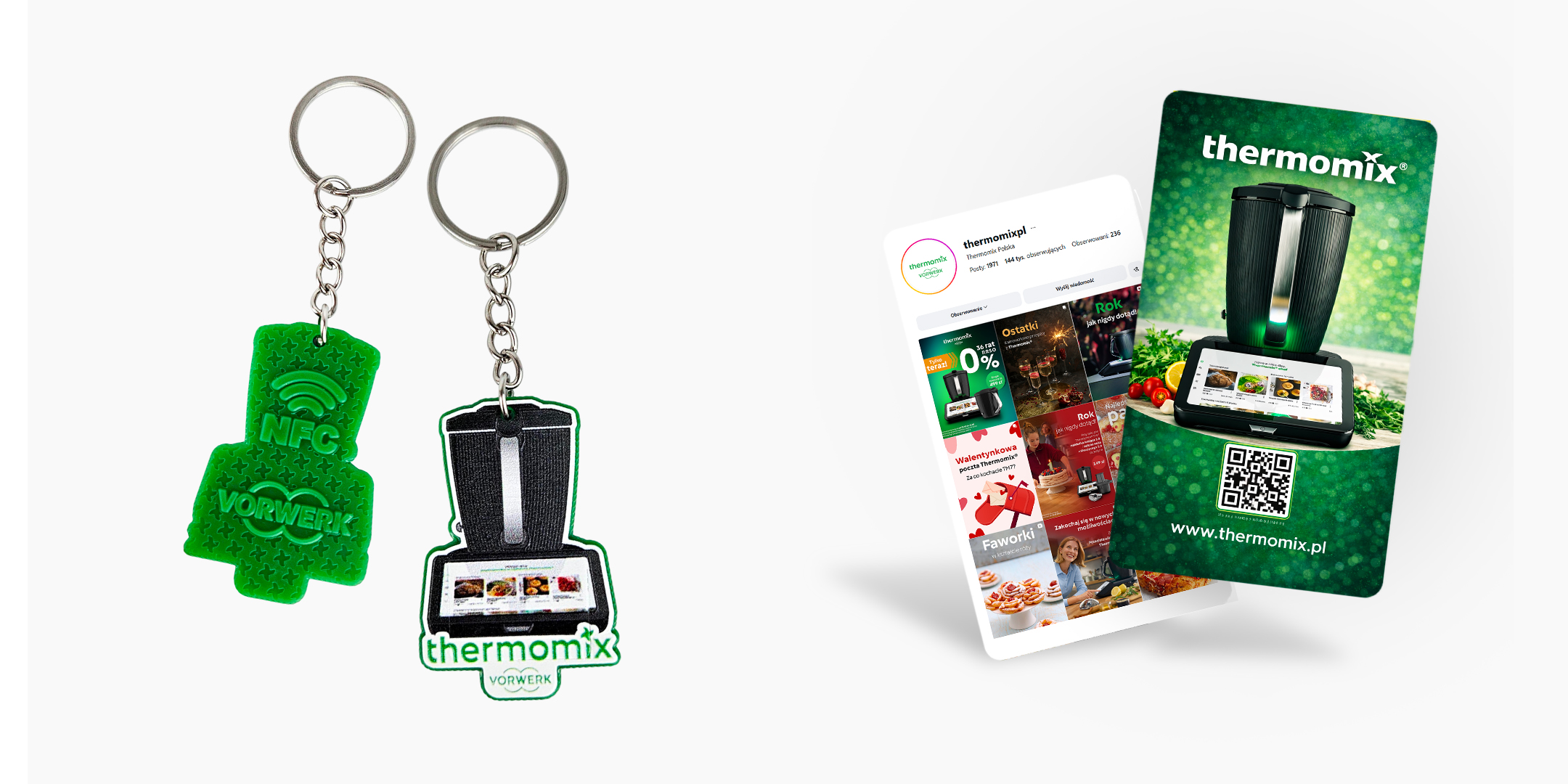 NFC keychain with a modern fold-out leaflet featuring a QR code and Instagram feed, Thermomix Poland