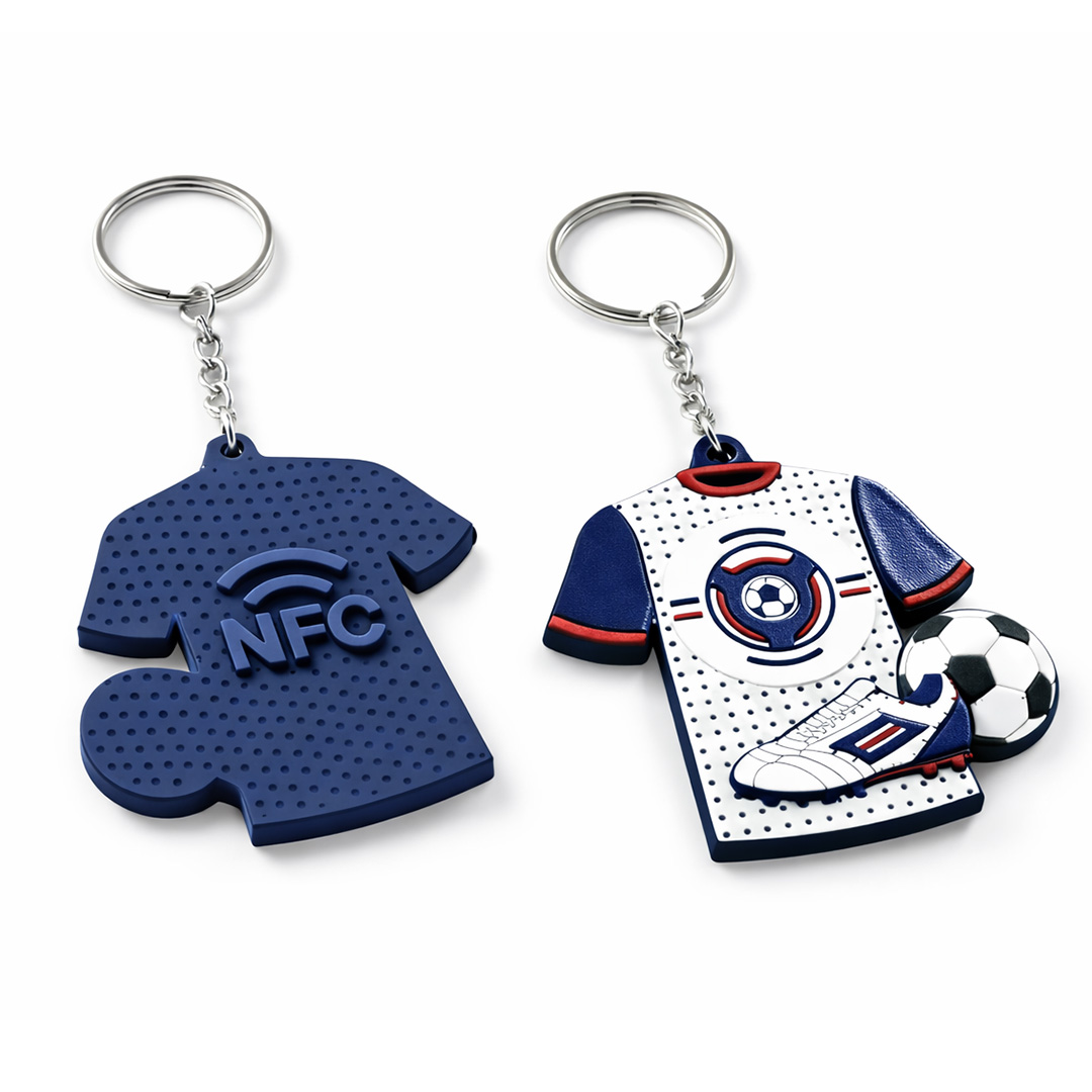Keychain shaped like a sports jersey with a shoe and soccer ball, front graphic and 3D branding on the back, NFC tag, made of durable resin, manufactured by Decard