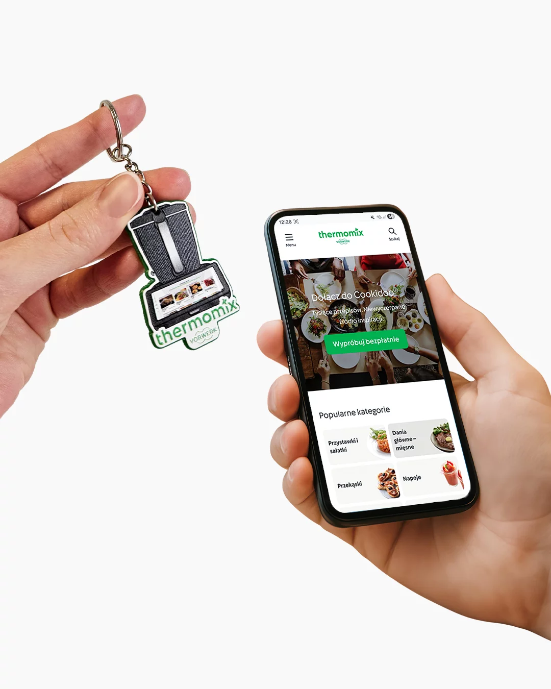 NFC keychain shaped like a Thermomix tapped on a smartphone, redirecting to the Thermomix Poland website, manufactured by Decard
