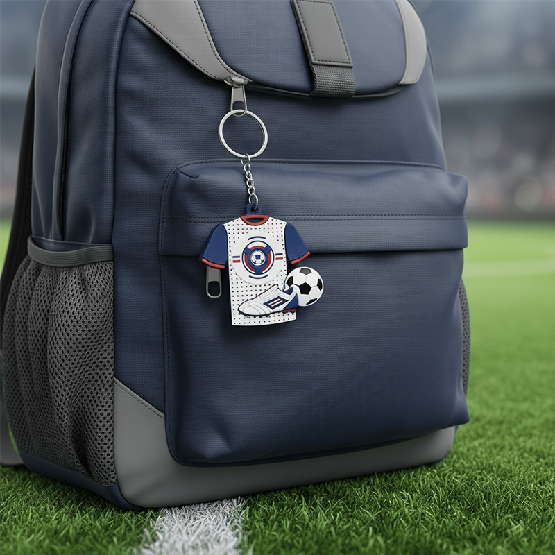 A 3D keychain in the shape of a sports jersey, featuring a raised football and soccer boot in vivid colors, with an NFC tag on the back, attached to a sports backpack against a stadium background. Manufactured by the Polish producer DECARD