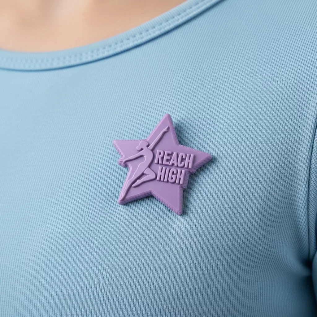 Pastel purple star pin attached to a ballerina’s outfit, on a blue shirt, hard resin, made by Polish manufacturer DECARD