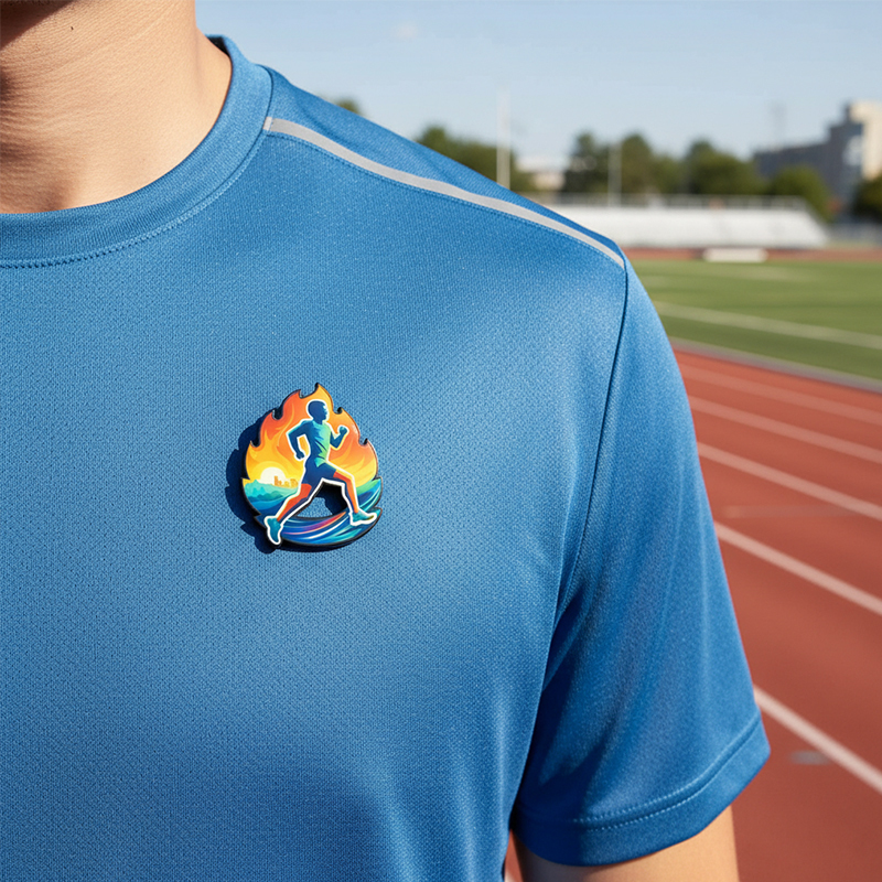 Fire-shaped pin, with a runner on waves and a setting sun in the background, made of hard resin, with a through cutout, on a sports shirt, stadium in the background, made by the Polish manufacturer DECARD