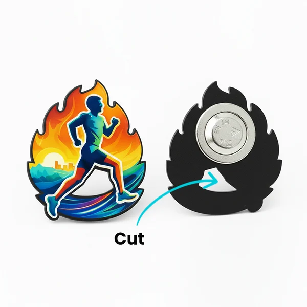 Fire-shaped pin, with a runner on waves and a setting sun in the background, made of hard resin, with a through cutout, made by the Polish manufacturer DECARD