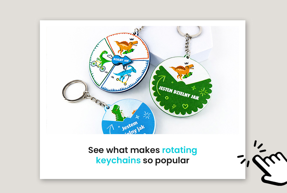 Rotating dinosaur keychains for kids, linking to a guide on the appeal of moving gadgets