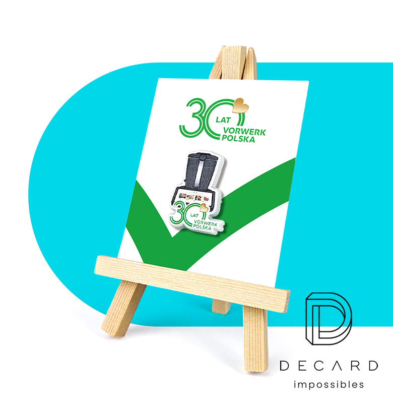 Pins for Thermomix Poland, on a dedicated backing card and a wooden stand, made by Polish manufacturer DECARD