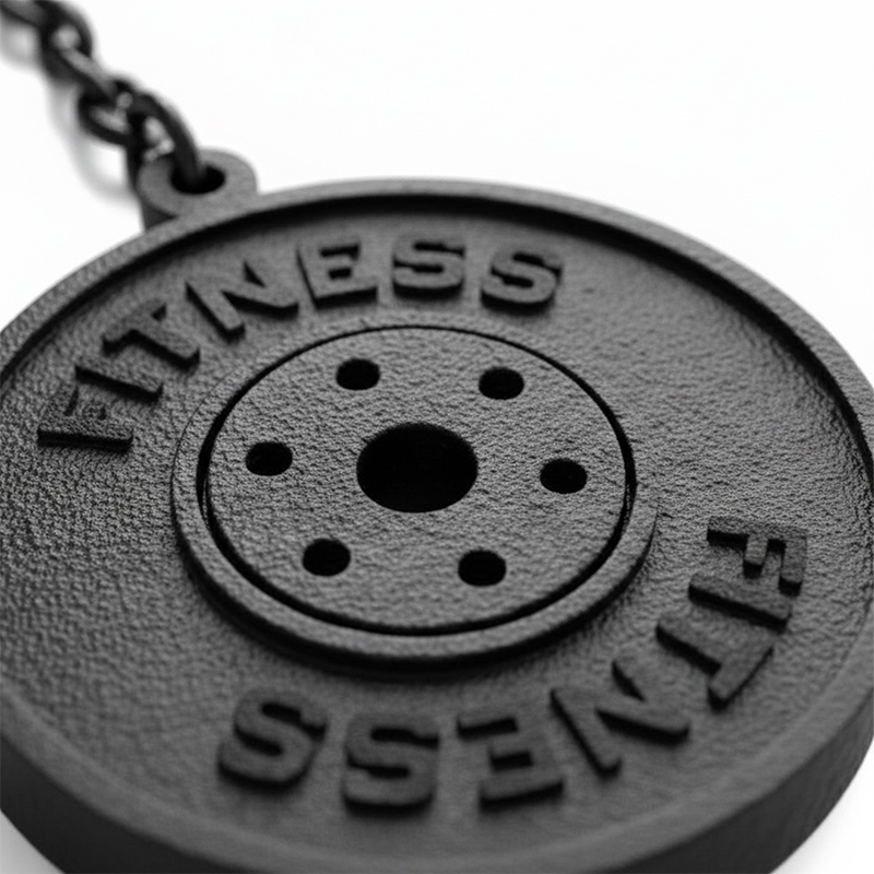 Close-up of a weight plate–shaped keychain showing the raised details, realistic weight texture, and the “Fitness” inscription on the front. Manufactured in Poland by DECARD