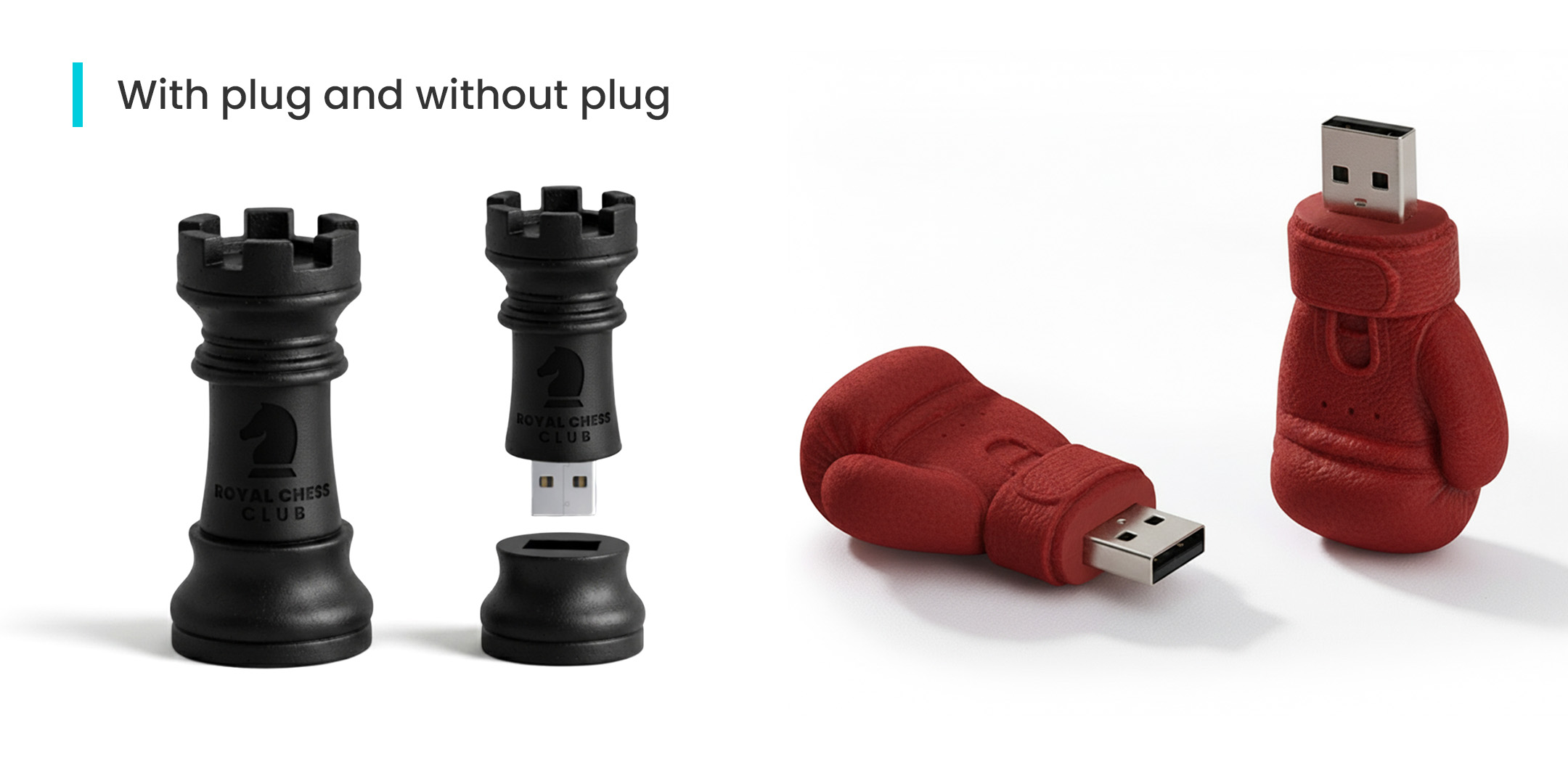 Chess-themed USB flash drive with cap, and boxing glove USB flash drive without cap, made by the Polish manufacturer DECARD