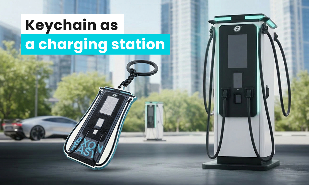 Keychain shaped like a charging station, made for the company Axon, produced by the Polish manufacturer DECARD