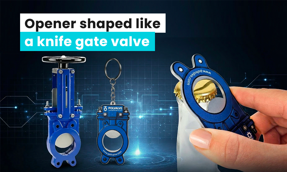 Metal keychain bottle opener shaped like a knife slide, made for the company Polvalve, produced by the Polish manufacturer DECARD