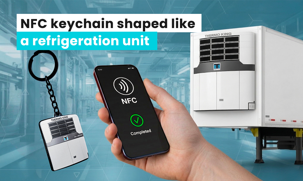 NFC keychain shaped like a refrigeration unit, made for APEX-Thermo King, produced by the Polish manufacturer DECARD