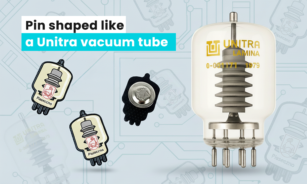 Pin shaped like a Unitra electronic tube, produced by the Polish manufacturer DECARD