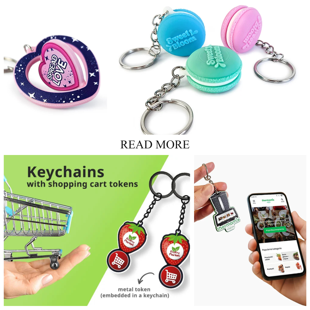 Different types of keychains with a link to the full gallery: rotating keychains, 3D keychains, shopping cart token keychains, and NFC tag keychains. Projects by Polish manufacturer DECARD