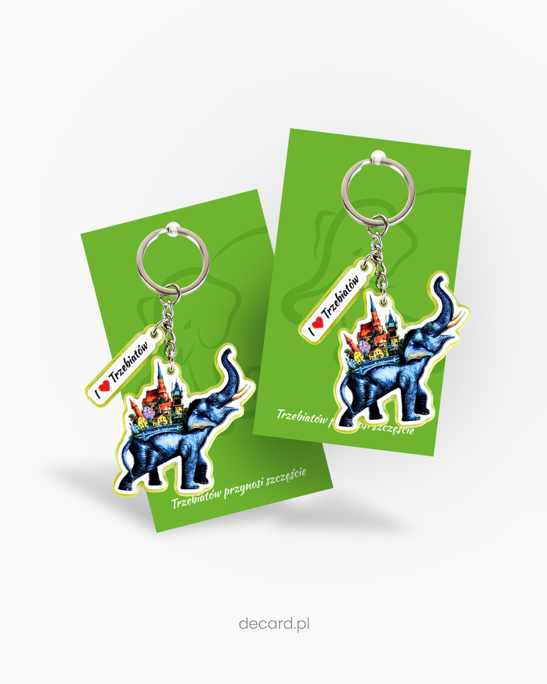 Elephant-shaped keychain with a hanging tag, attached to a custom card, fully customizable. Produced by Polish manufacturer DECARD