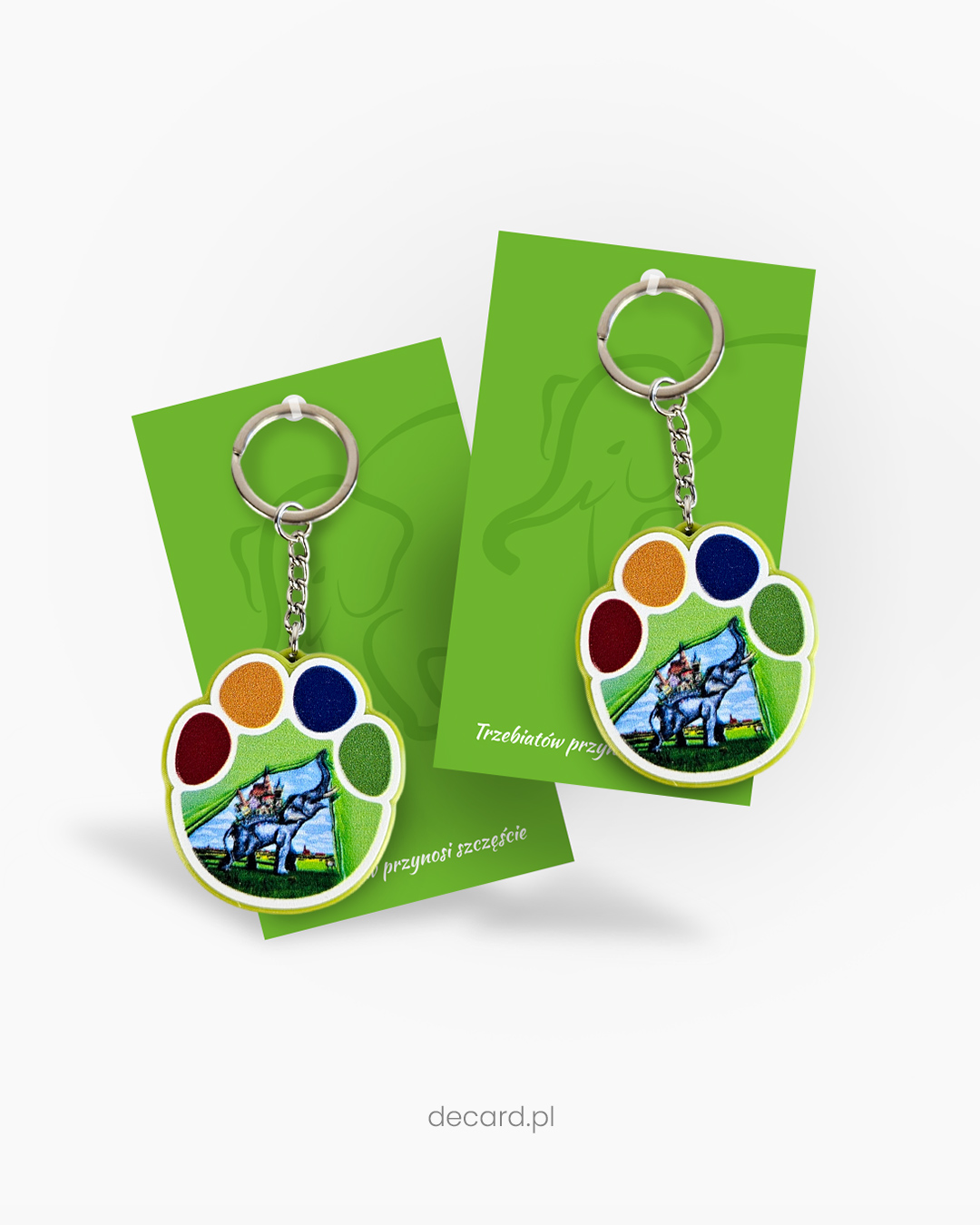 Elephant paw bottle opener keychain in vivid colors, attached to a custom card. Produced by Polish manufacturer DECARD