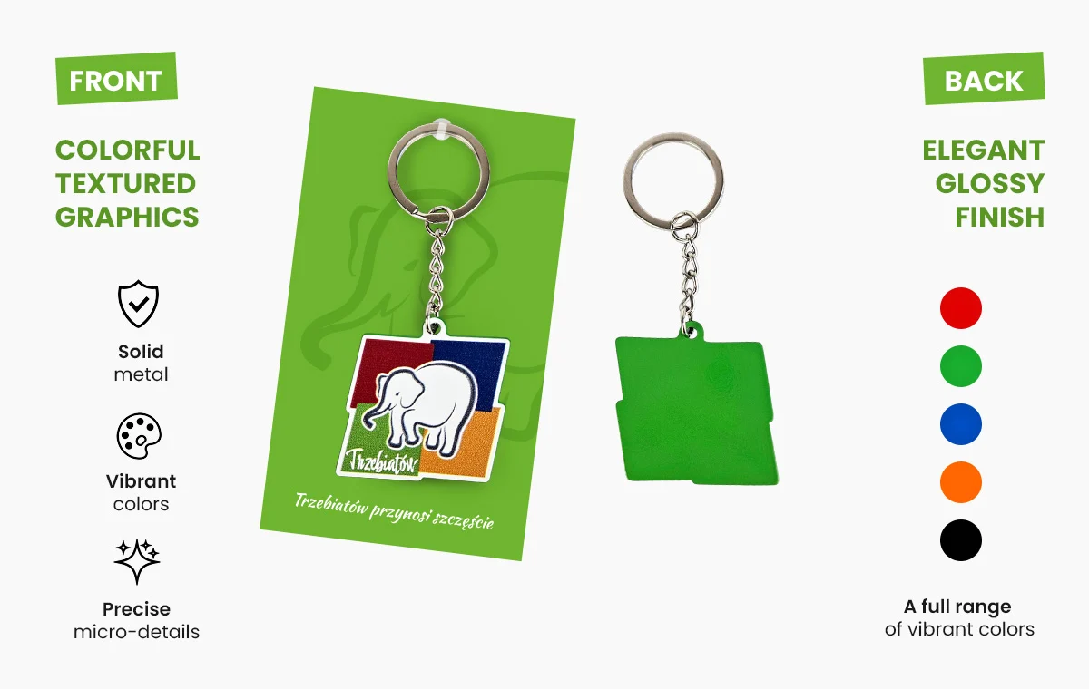 Metal keychain: front side with full-color textured graphic on a custom card; back side painted in a selected color with an elegant glossy finish. Produced by Polish manufacturer DECARD