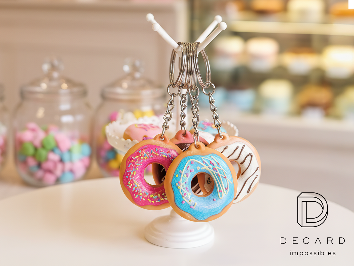 3D donut keychains hanging on a display stand, with colorful sprinkles. A bakery in the background, made by the Polish manufacturer DECARD