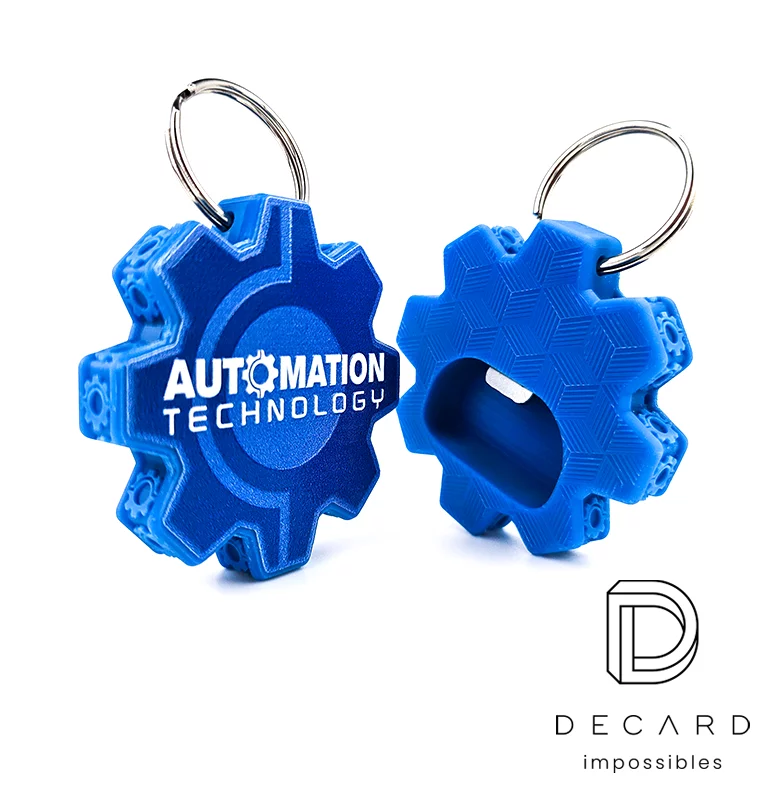 Automation Technology bottle opener keychain, gear-shaped, three-dimensional, made by Polish manufacturer DECARD