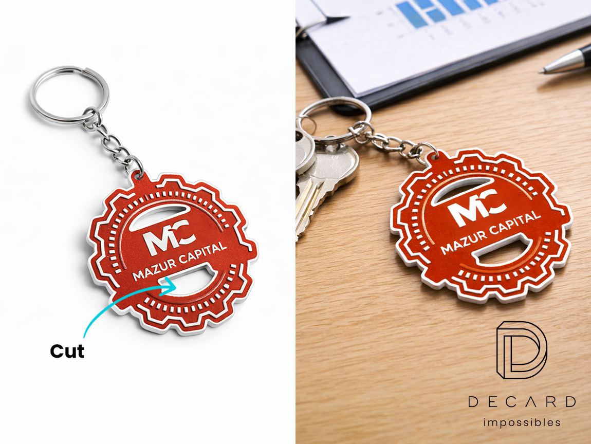 Keychain with a cut-out gear shape, made by the Polish manufacturer DECARD