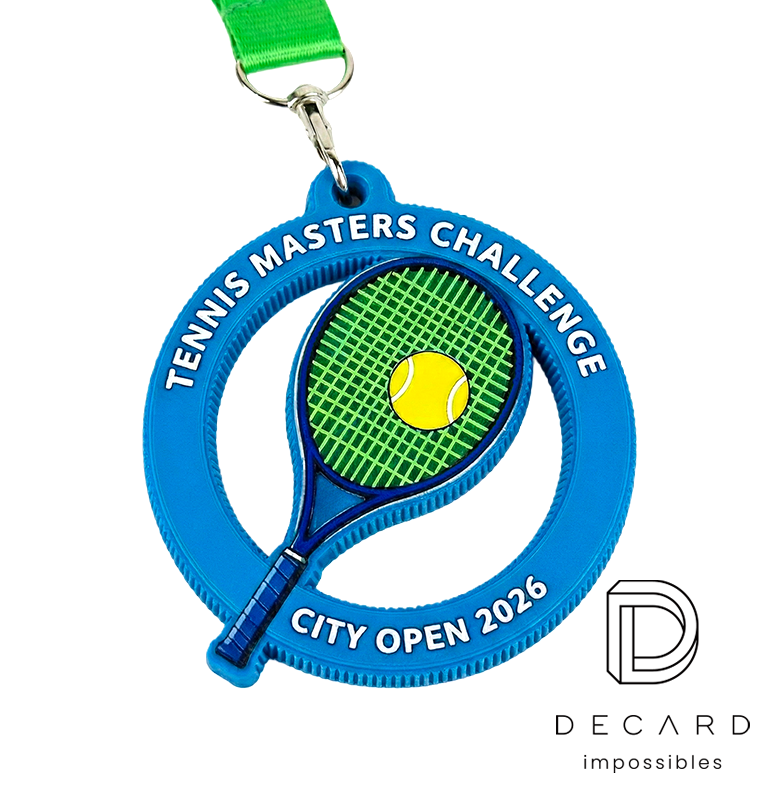Tennis racket medal with custom cutouts, manufactured by DECARD, a Polish producer