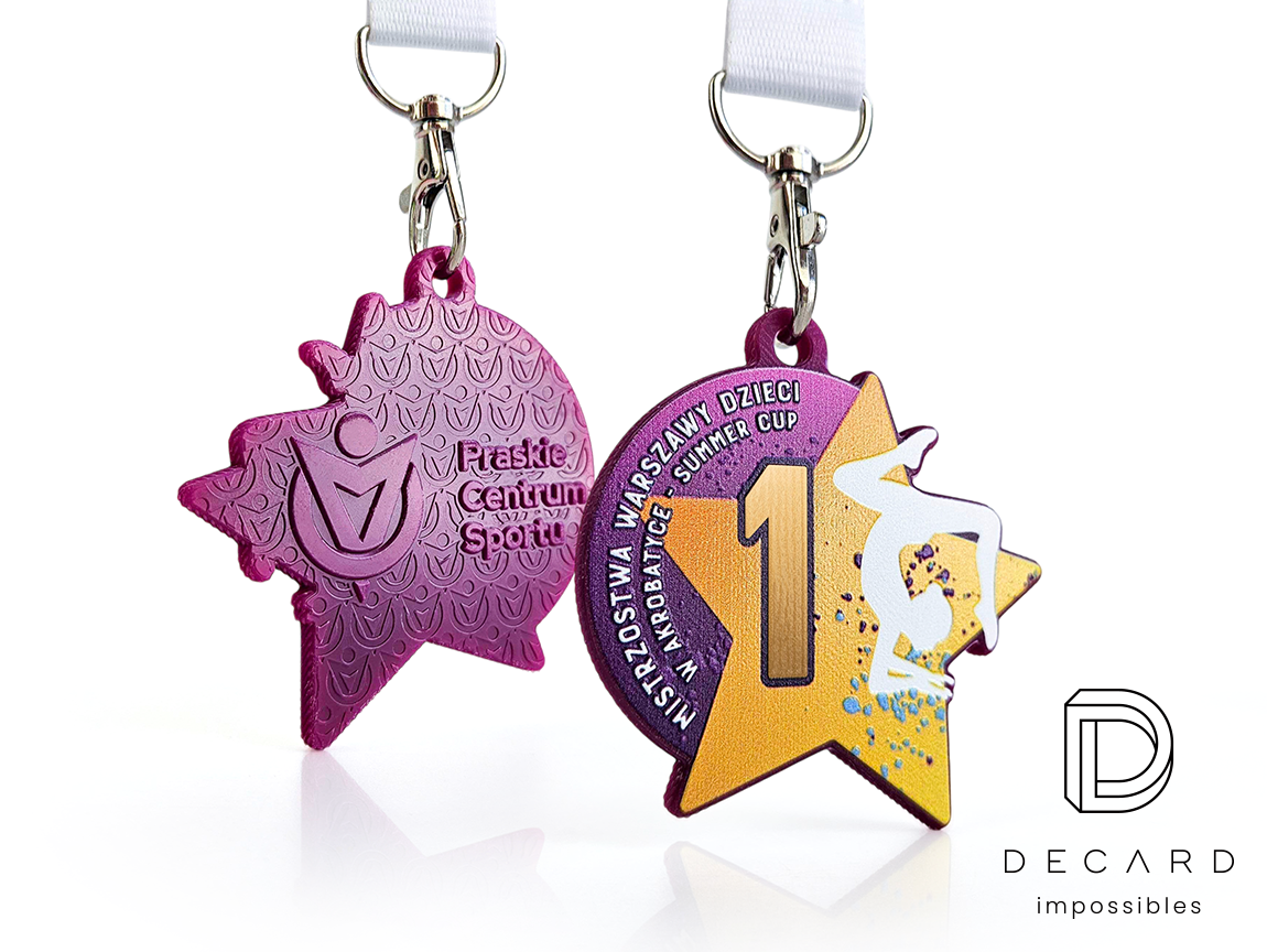 Star-shaped gymnastics medals with detailed 3D engraving on the back, proudly crafted by DECARD, a Polish manufacturer