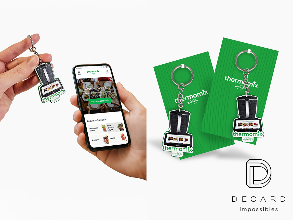 NFC keychains in the shape of a Thermomix with a dedicated card, made by the Polish manufacturer DECARD