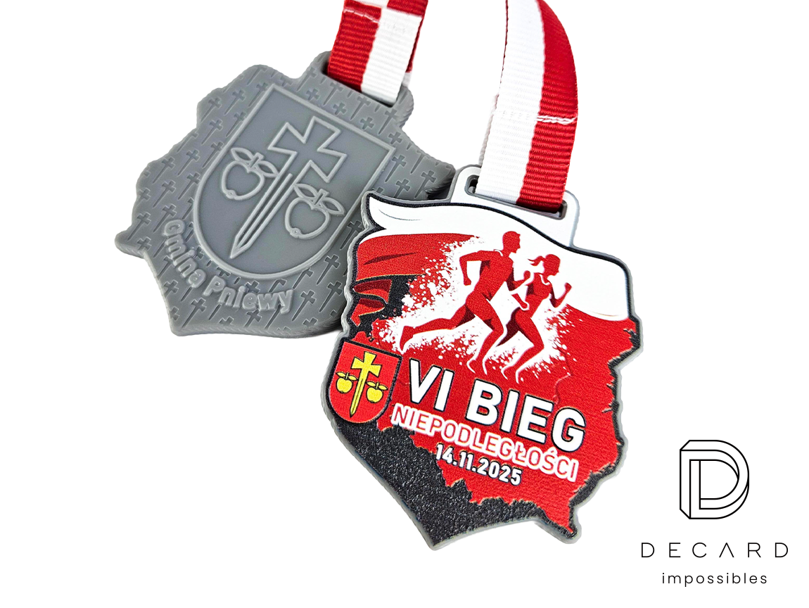 Patriotic medals for the 6th Independence Run, featuring 3D engraving on the reverse side and the municipal coat of arms, manufactured by DECARD, a Polish producer