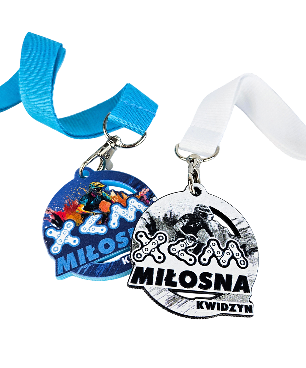 Personalized motorcycle medals with custom cutouts, manufactured by Polish producer DECARD