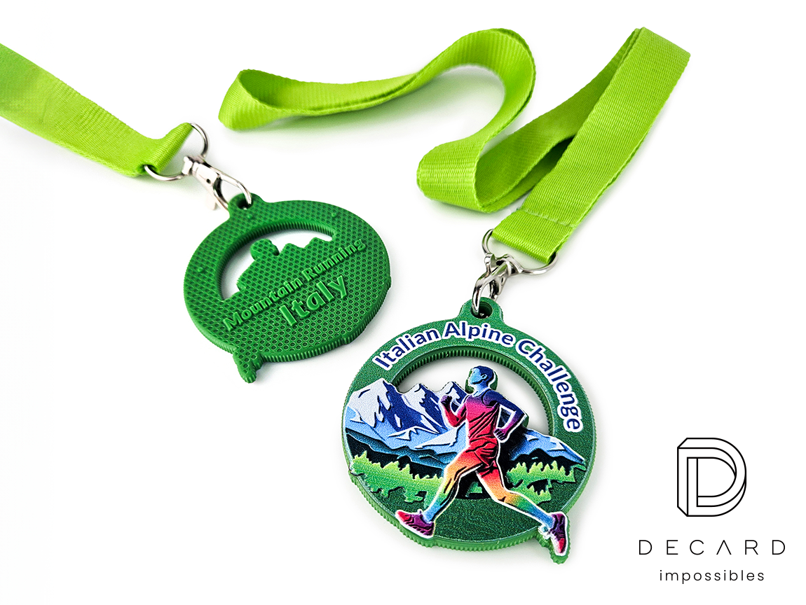 Runner-themed sports medals with a custom cutout and 3D engraving on the reverse side, manufactured by DECARD, a Polish producer