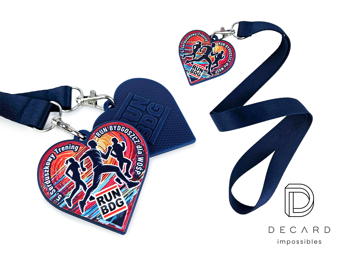 Heart-shaped sports medals featuring a runners' graphic, made of durable resin, manufactured by DECARD, a Polish producer