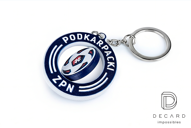 Rotating keychain with a Podkarpacki ZPN football, made by the Polish manufacturer DECARD