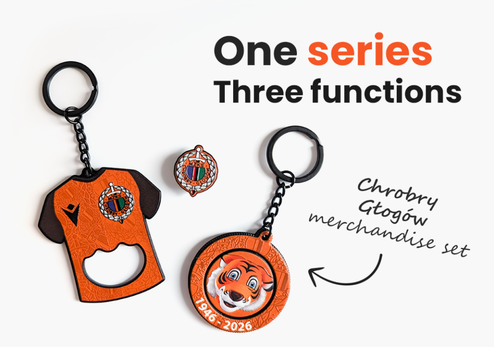 Promotional merchandise set for Chrobry Głogów: a metal jersey-shaped bottle opener keychain, a metal pin badge, and a rotating hard resin keychain featuring the club mascot (a tiger). Manufactured by Polish promotional merchandise producer DECARD