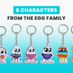 Six keychains featuring the Egg Family characters - Mom Soft-Boiled Egg, Dad Hard-Boiled Egg, Fried Egg, Brother Easter Egg, Sister Poached Egg and Sufliś