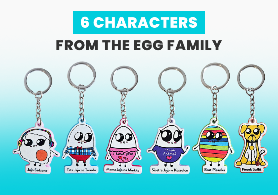 Six keychains featuring the Egg Family characters - Mom Soft-Boiled Egg, Dad Hard-Boiled Egg, Fried Egg, Brother Easter Egg, Sister Poached Egg and Sufliś