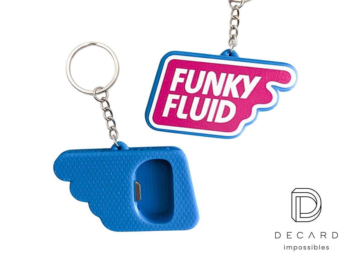 3D bottle opener keychain with Funky Fluid logo, made by Polish manufacturer DECARD