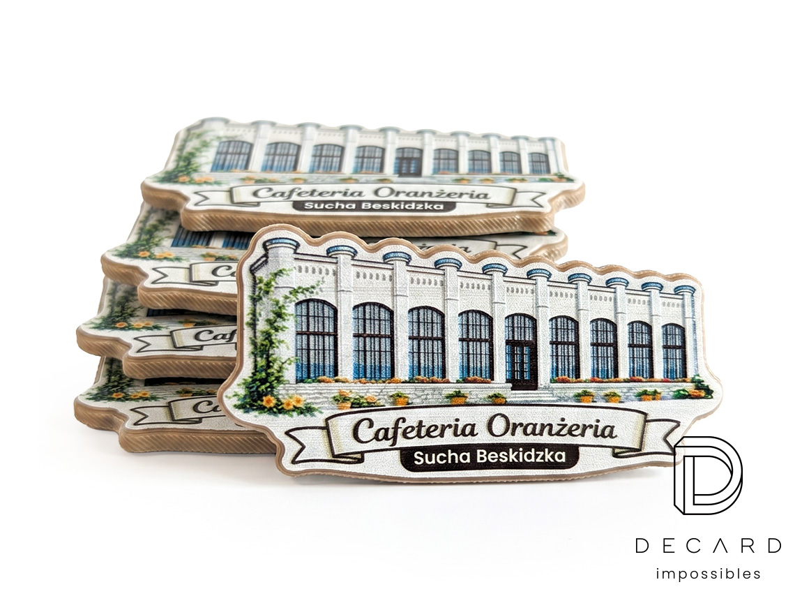 Cafeteria Oranżeria magnets with raised micro-details, made by Polish manufacturer DECARD
