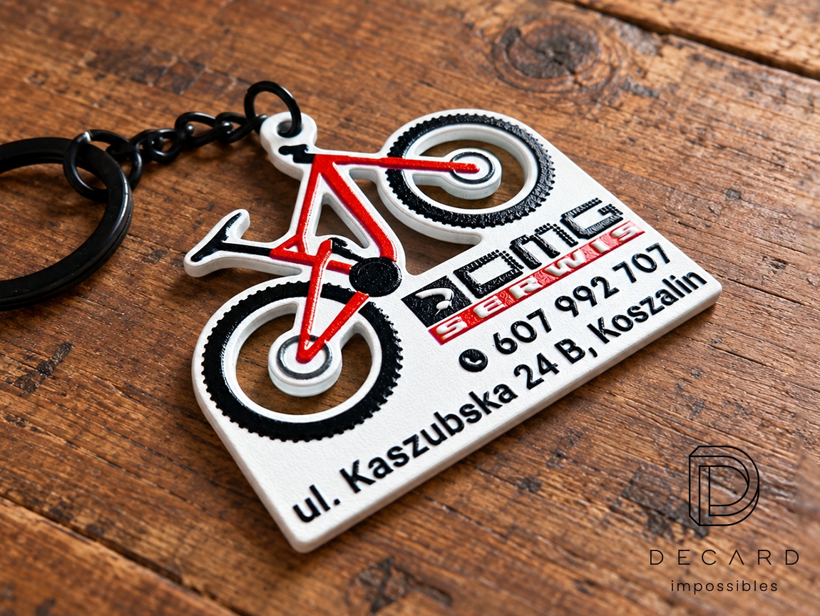 Bicycle keychain with cut-outs and contact details for the service, made by Polish manufacturer DECARD