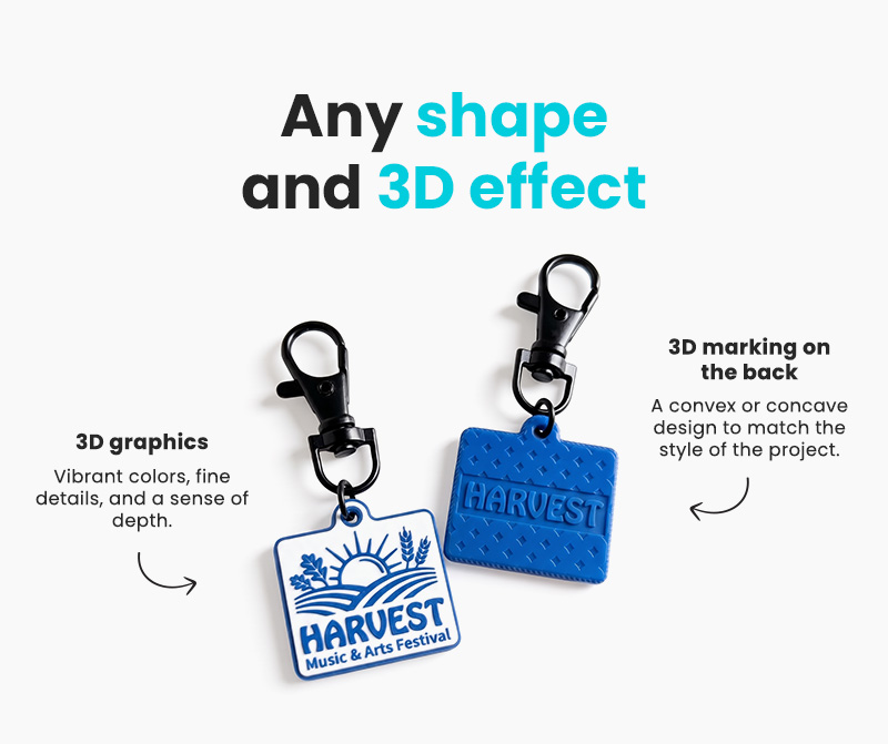 Keychains with carabiners in any shape and colour, featuring a raised graphic on the front and 3D branding on the back - with a raised or recessed design