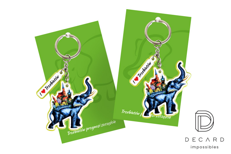 Trzebiatów elephant keychains, made of hard resin, with a full-color print, on a dedicated cardboard backing, manufactured by Polish producer DECARD