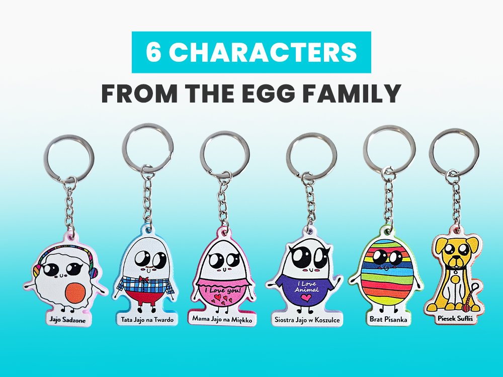 Keychains featuring Suflidowo’s Jajeczna Rodzinka characters, made by Polish manufacturer DECARD