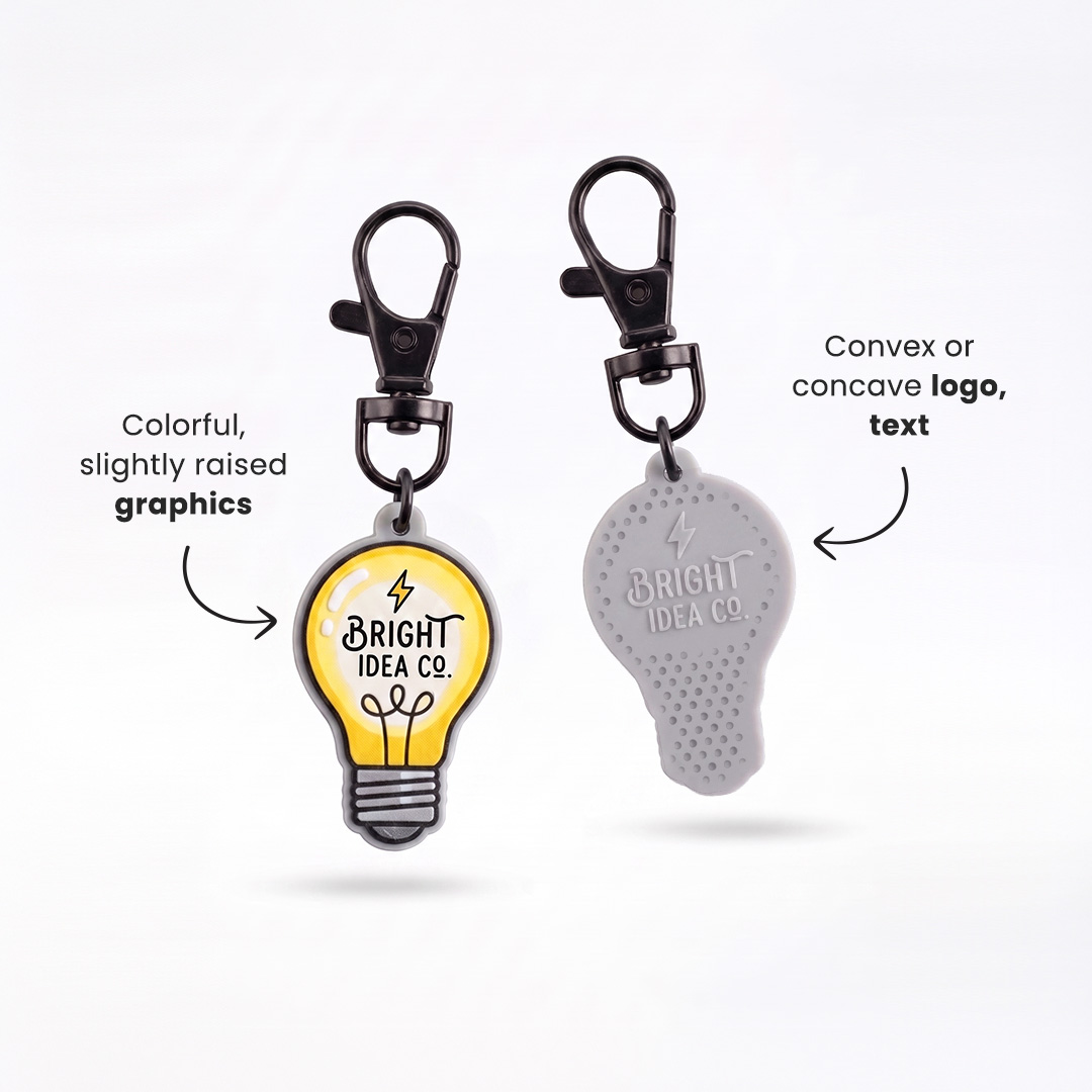 Light bulb keychain with a carabiner, featuring a slightly raised full-colour design on the front and a raised or recessed logo or text on the back