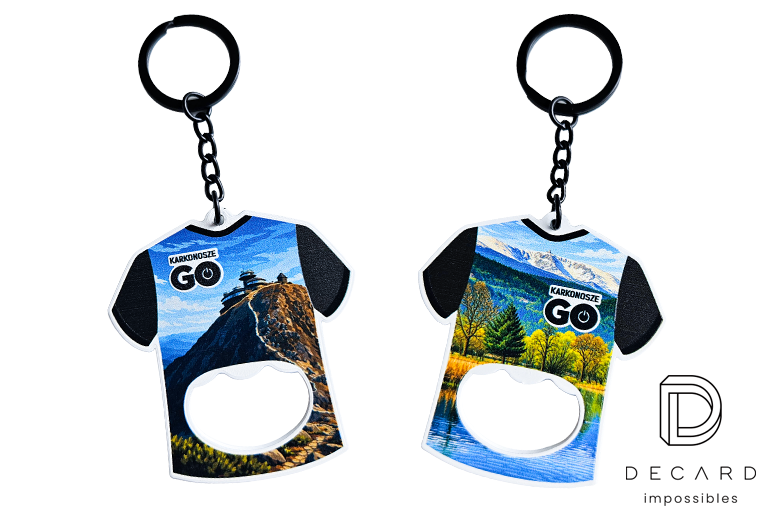 Bottle opener keychains with Karkonosze graphics, in the shape of shirts. Made by Polish manufacturer DECARD
