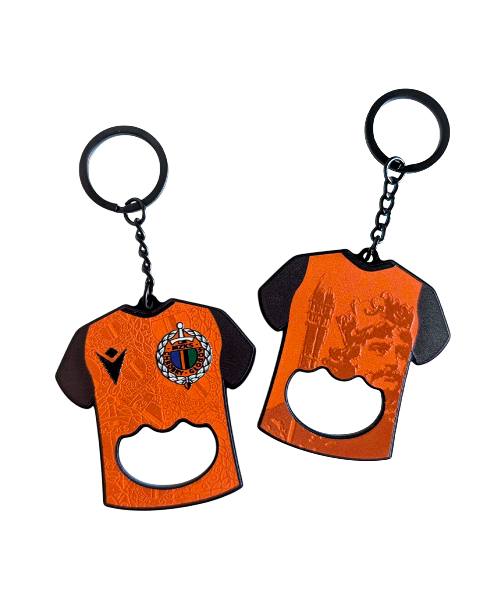 Metal bottle opener keychains in the shape of a club shirt, made by Polish manufacturer DECARD