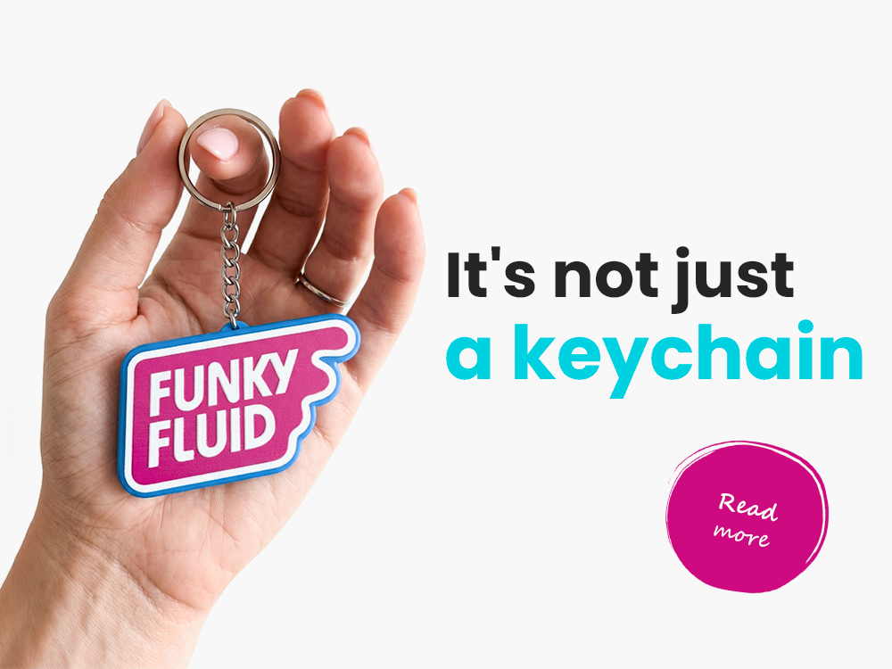 Keychain with a bottle opener function and Funky Fluid logo, made by Polish manufacturer DECARD