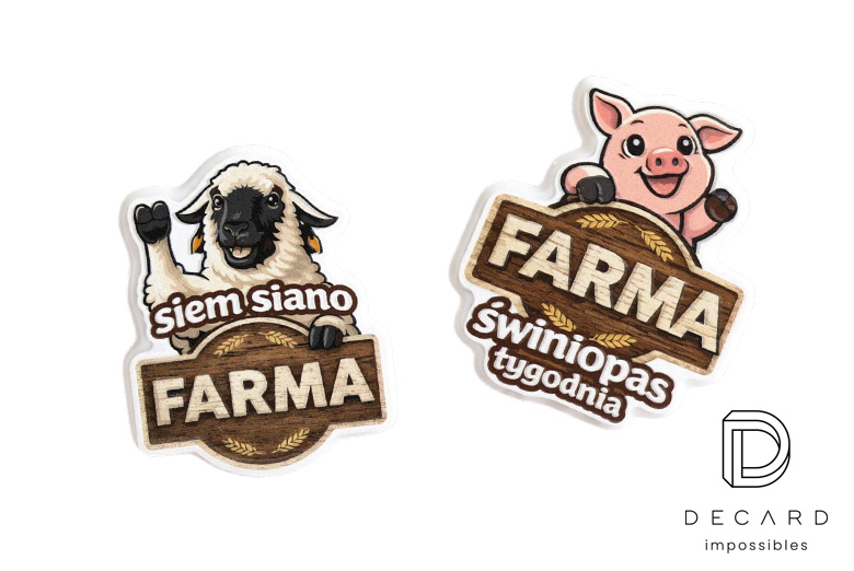 Polsat Farma charms – sheep and pig, made of hard resin, made by Polish manufacturer DECARD