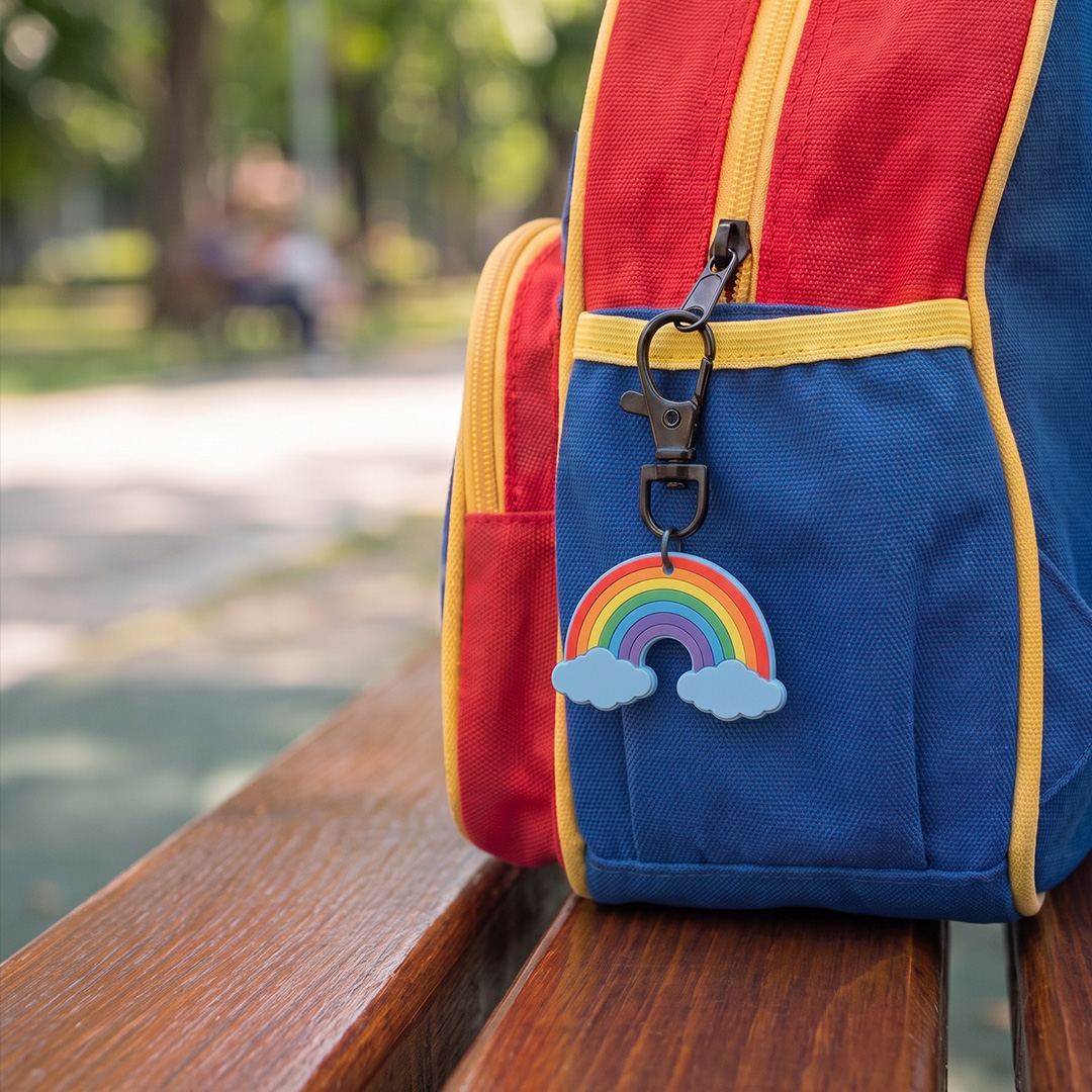 Rainbow keychain with a carabiner attached to a colourful backpack
